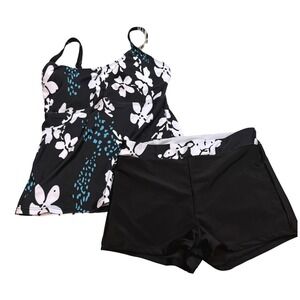 NWOT Womens Beach Resortwear Floral Two Piece Tankini Swimsuit Set Black Small